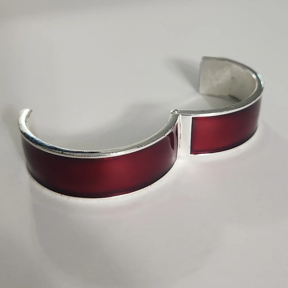 Silver & Deep Red Merlot Enamel Hinge Bangle Bracelet – Modern Statement Cuff - Picture 5 of 8